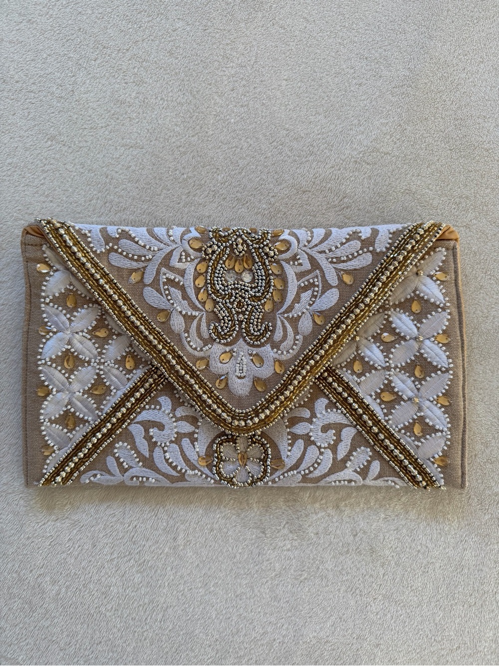 Embellished Gold and White Beaded Envelope Clutch
